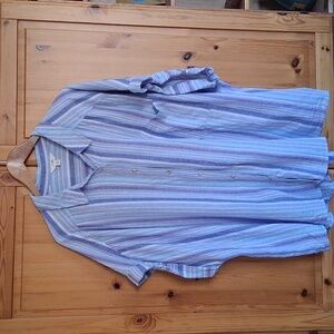 Terra & Sky Lavendar Blue Stripe  Cuffed Sleeve Boxy Linen Blend Blouse 4X